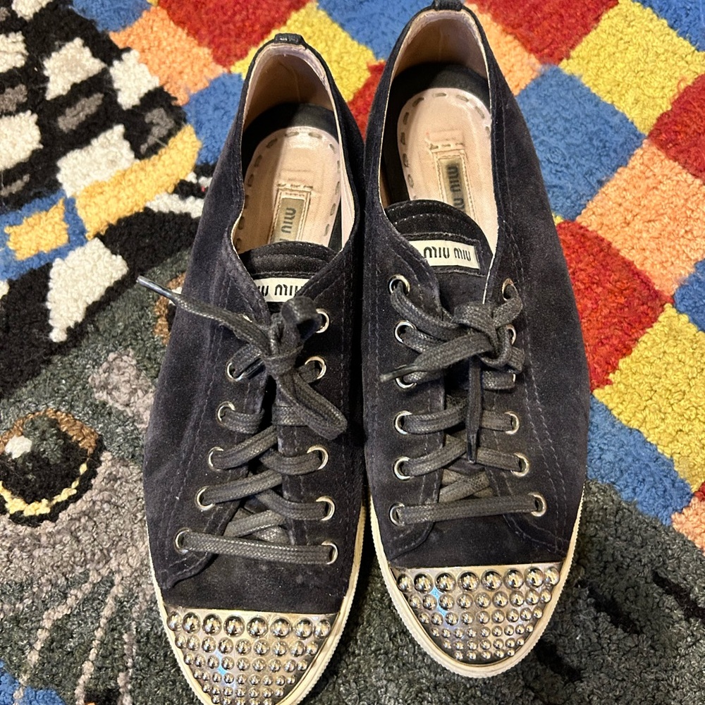 Miu Miu Black Suede Studded Sneakers